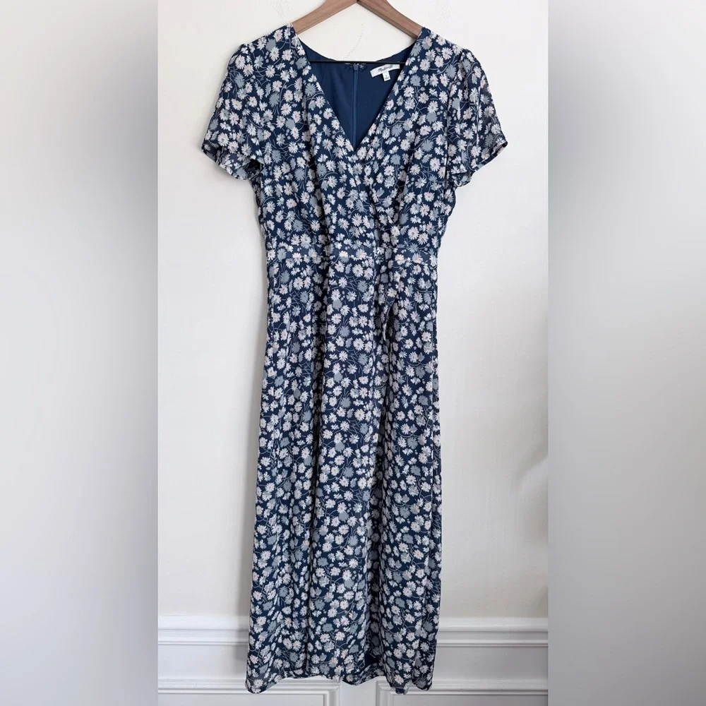 Madewell blue Faux Wrap French Floral Midi Dress 6 - Picture 2 of 7